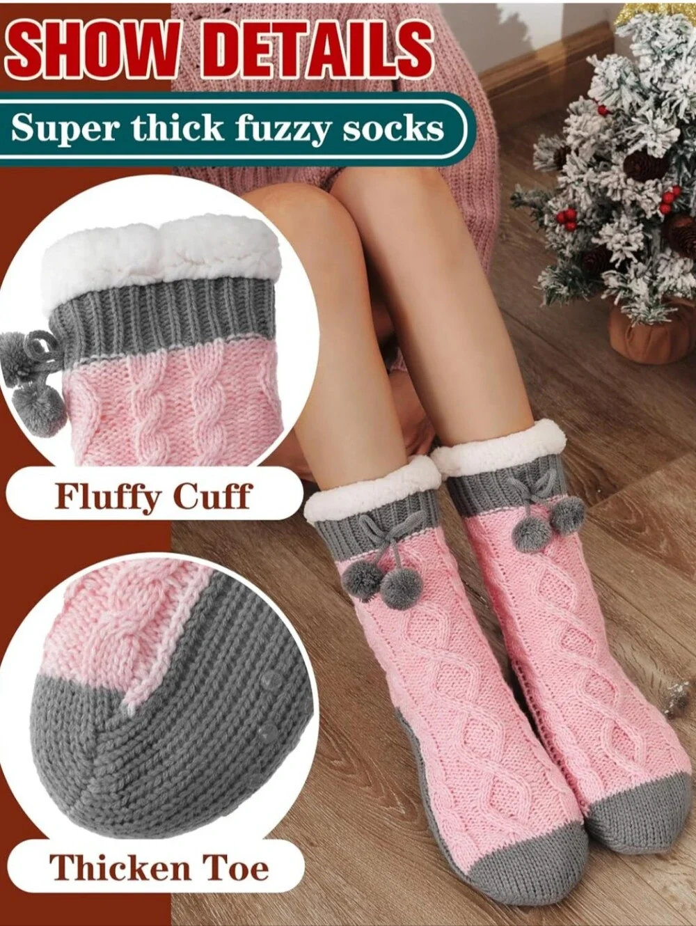 Cozy Cable Knit Fleece-Lined Women’s Slipper Socks - Pink & Gray